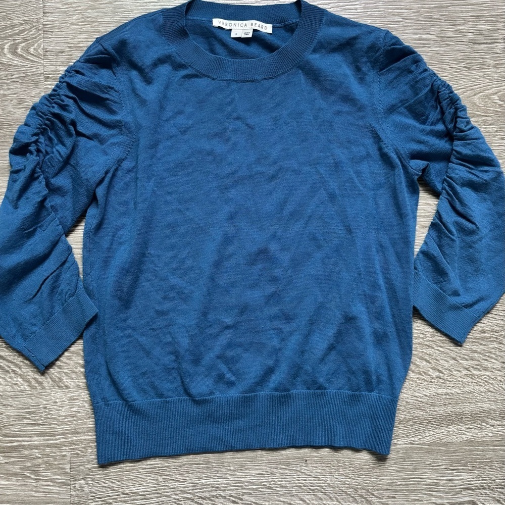 Veronica Beard Kase Wool Cropped Blue Ruched Sleeve Sweater, Size: Small - Picture 2 of 8